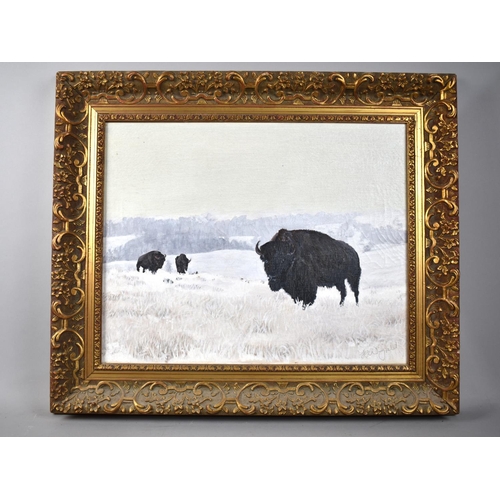 321 - A Gilt Framed Oil on Canvas Depicting Buffalo in Winter Landscape Signed FF Wingfield, 44x35cms