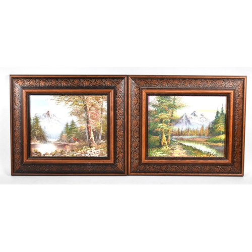 322 - A Pair of Carved Wooden Framed Alpine Oils, Each 24x19cms