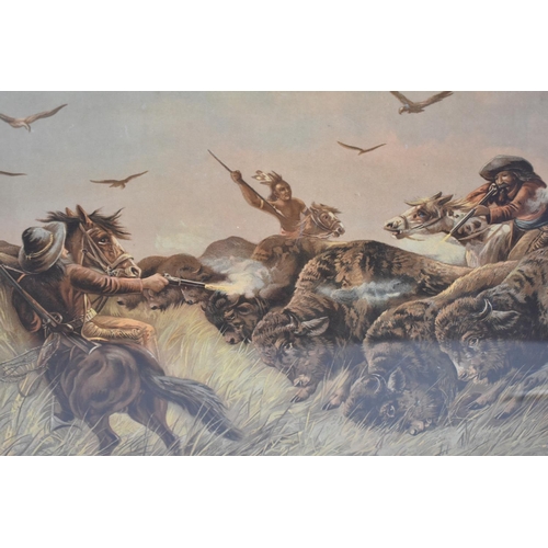 326 - A Framed American Lithograph deciding Cowboys and Indians Attacking Buffalo Herd, 69x51cms