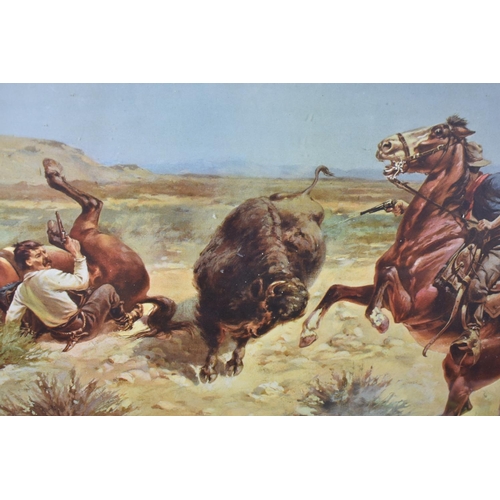 330 - A Large Carved Oak American Print Depicting Cowboys Attacking Buffalo, 75x55cms