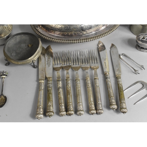 344 - A Collection of Various Metal Wares to Comprise Pewter Tankards, Bed Chamber Stick, Silver Plated Co... 