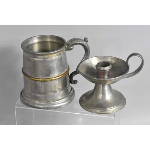 344 - A Collection of Various Metal Wares to Comprise Pewter Tankards, Bed Chamber Stick, Silver Plated Co... 