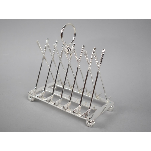 36 - A Modern Silver Plated Six Slice Novelty Toast Rack Formed From Crossed Golfing Irons and with Golf ... 