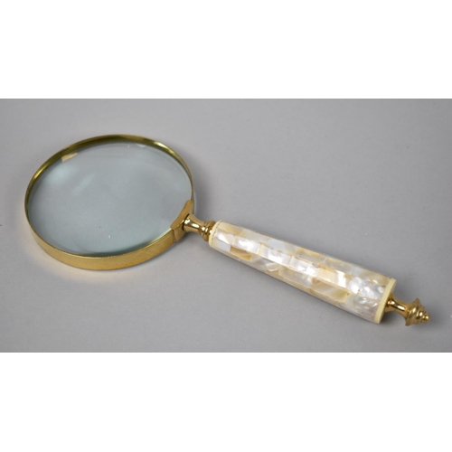 37 - A Modern Desktop Brass and Mother of Pearl Handled Magnifying Glass, 25cms Long