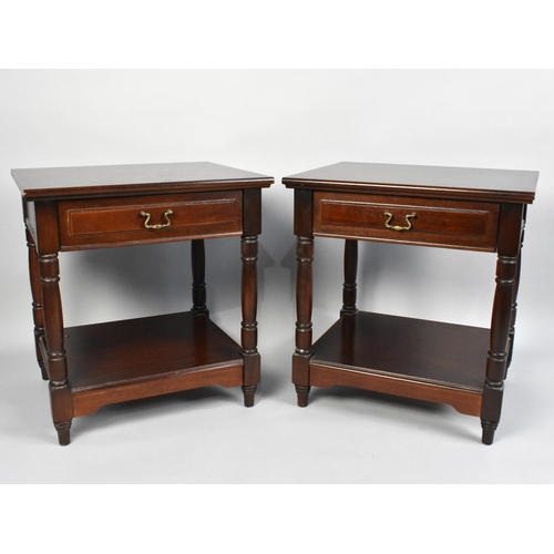 39 - A Pair of Modern Mahogany Bedside Tables with Single Drawers and Stretcher Shelves, 50cms Wide