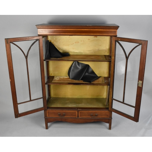 420 - An Edwardian Inlaid Mahogany Glazed Two Shelf Display Cabinet with Two Drawers to Base, 90cms Wide