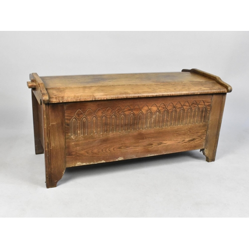 422 - A Mid 20th Century Oak Lift Top Coffer Chest by Lock of London with Carved Front Panel, 102cms Wide