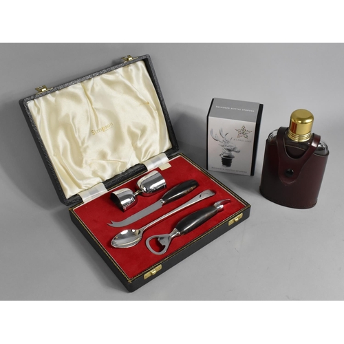 43 - A Modern Cased Simpson Bar Set together with a Modern Leather Covered Glass Hip Flask and a Reindeer... 