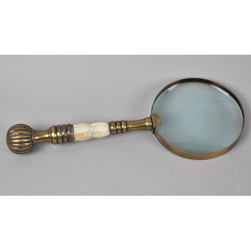 46 - A Modern Brass and Mother of Pearl Handled Desktop Magnifying Glass, 26cms Long