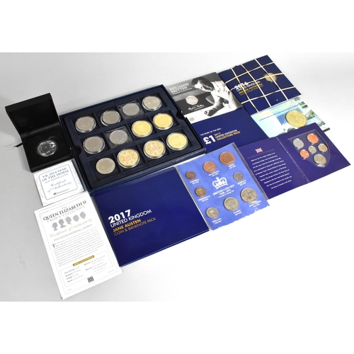 466 - A Collection of Various Commemorative Coins to include Benjamin Britten, Jane Austen, Royal Shield, ... 