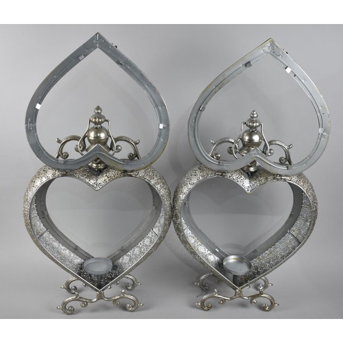 64 - A Pair of Large Modern Plated Metal and Glass Heart Shaped Candle Lanterns with Hinged Lids, 52cms H... 