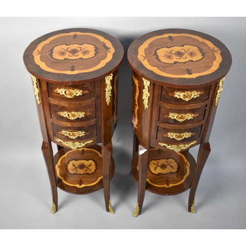 66 - A Pair of Reproduction Inlaid Italian Style Circular Three Drawer Bedside Chests with Ormolu Mounts ... 