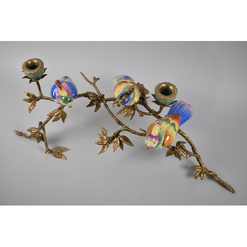 85 - A Gilt Bronze and Porcelain Two Branch Candelabra in the Form of Parrots Perched on Branches, 55cms ... 