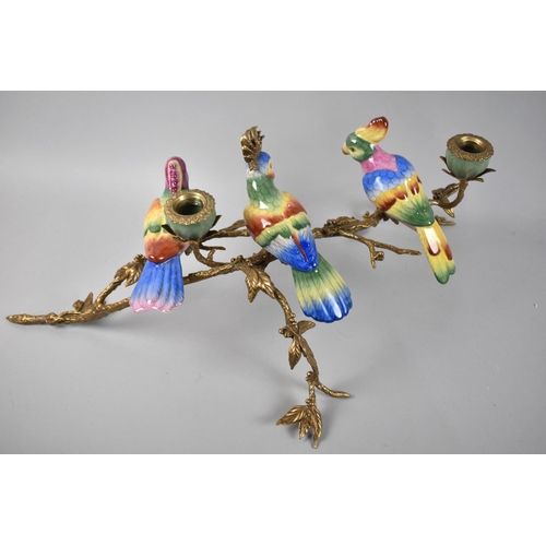 85 - A Gilt Bronze and Porcelain Two Branch Candelabra in the Form of Parrots Perched on Branches, 55cms ... 