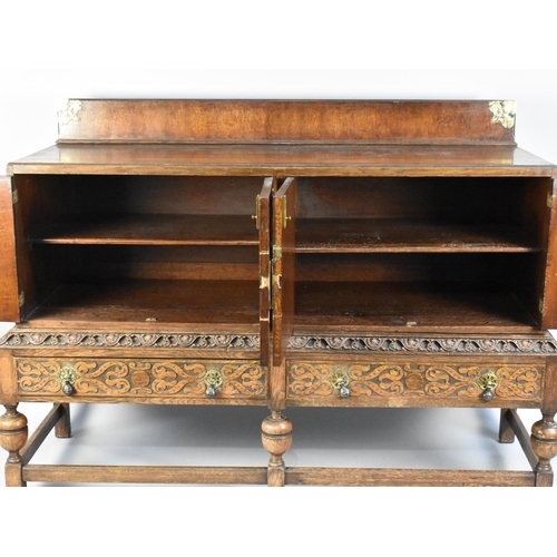 99 - A Mid 20th Century Brass Mounted Oak Galleried Sideboard with Two Long Centre Drawers and Shelved Cu... 