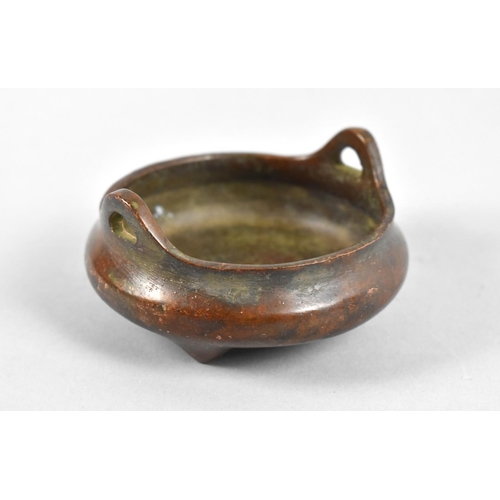 14 - A Small Chinese Bronze Two Handled Censer with Seal Mark to Base, 8cms Diameter