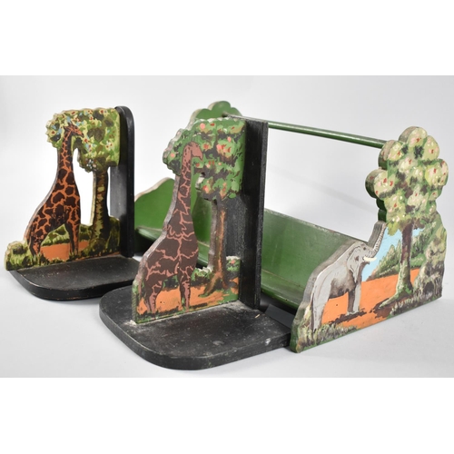 100 - A Handmade and Painted Book Trough with Elephant Decoration together with Pair of Giraffe Bookends