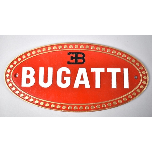 144 - A Reproduction Cold Painted Cast Metal Oval Sign for Bugatti,  34.5cms Wide +VAT