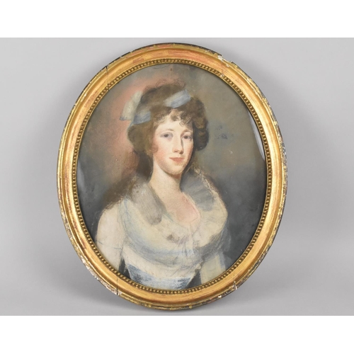 150 - An Oval Coloured Chalk Portrait of a Georgian Maiden, Subject 32cms by 38.5cms