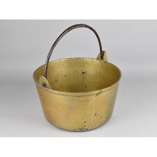 168 - A Late 19th/Early 20th Century Brass Circular Jam Kettle with Steel Loop Handle, 34cms Diameter