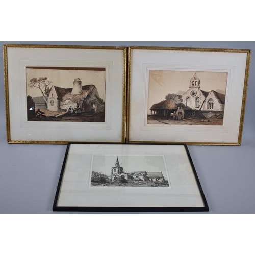 306 - A Pair of Gilt Framed Watercolour Prints, Rural Scenes Together with a Framed Engraving of a Church