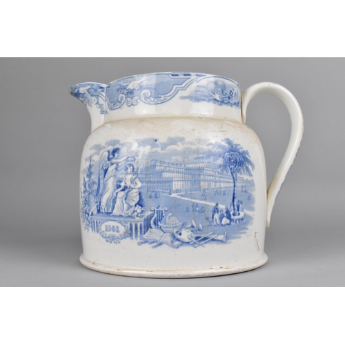 343 - A Large Mid 19th Century English Blue and White Transfer Printed Jug with Crystal Palace Scene and D... 