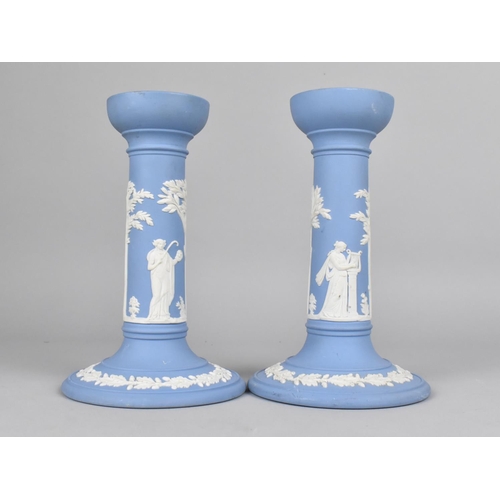 344 - A Pair of Wedgwood Jasperware Candlesticks, 17cm high