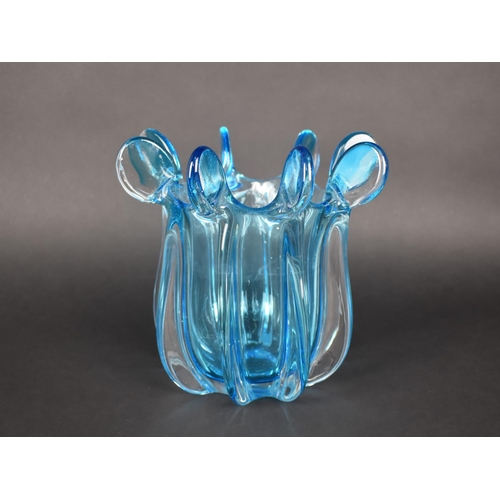 369 - An Art Glass Blue Tone Vase of Shaped Form Having Lappet Finials, 20cm high