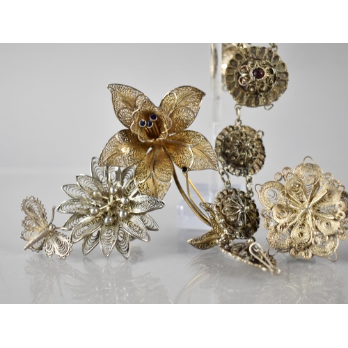 404 - A Collection of Six Filigree Jewellery Items to Include Large Silver and Enamel Flower Brooch, 72mm ... 