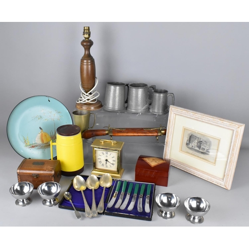 427 - A Collection of Various Items to Comprise Pewter Tankards, Wooden Lamp Base, Wooden Cased Carving Se... 