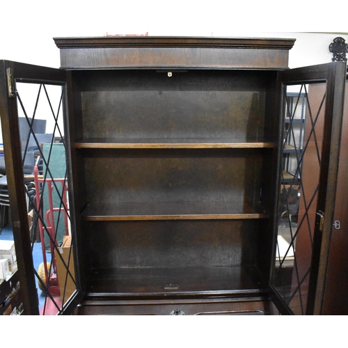 477 - A Mid 20th Century Oak Bureau Bookcase with Fall Front to Fitted Interior and Lead Glazed Shelved To... 