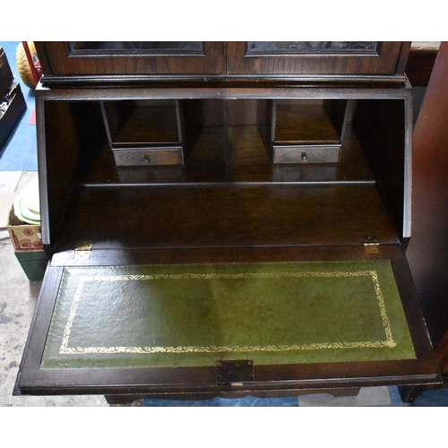 477 - A Mid 20th Century Oak Bureau Bookcase with Fall Front to Fitted Interior and Lead Glazed Shelved To... 