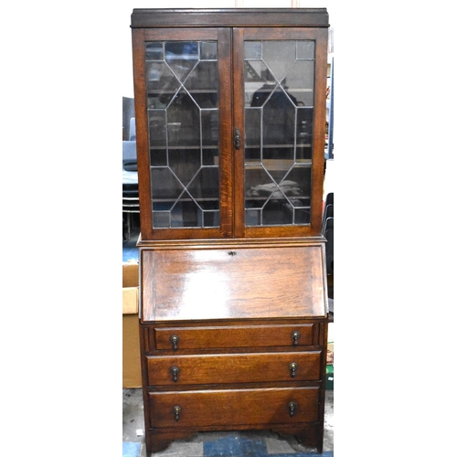 478 - An Edwardian Oak Fall Front Bureau Bookcase with Three Drawers to Base and Leaded Glazed and Shelved... 