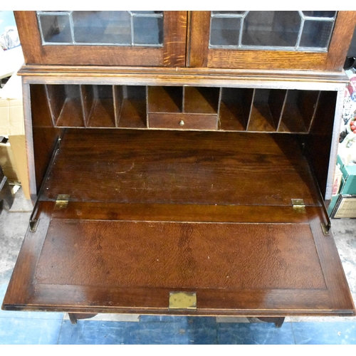 478 - An Edwardian Oak Fall Front Bureau Bookcase with Three Drawers to Base and Leaded Glazed and Shelved... 