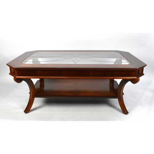 493 - A Modern String Inlaid Mahogany Rectangular Coffee Table with Stretcher Shelf, 127x81cms