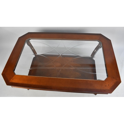 493 - A Modern String Inlaid Mahogany Rectangular Coffee Table with Stretcher Shelf, 127x81cms