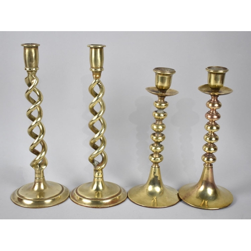 104 - Two Pairs of Brass Candlesticks, Brass Spiral Examples 27cms High