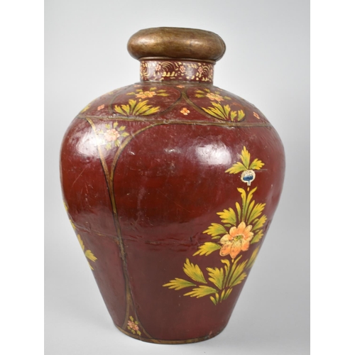 106 - A Large Indian Painted Metal Vase with Floral Decoration, 48cms High