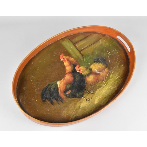 109 - An Oval Wooden Two Handled Tray Painted with Cock and Hen, 44.5cms Wide