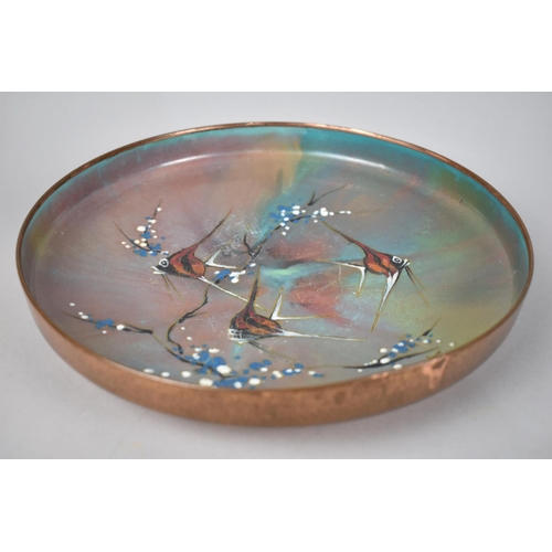 113 - An Enamelled Circular Copper Dish Decorated with Tropical Fish, 26.5cms Diameter