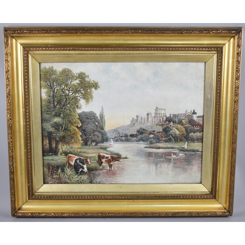 123 - A Gilt Framed Lithograph Depicting Cattle Drinking in Thames Before Windsor Castle, 48x37cms