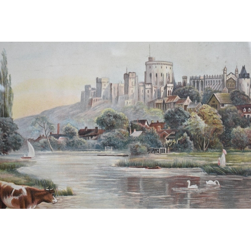 123 - A Gilt Framed Lithograph Depicting Cattle Drinking in Thames Before Windsor Castle, 48x37cms