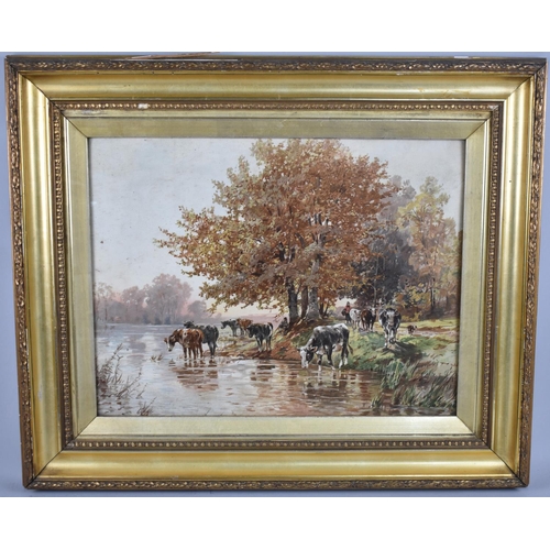 124 - A Gilt Framed Lithograph Depicting Cattle Drinking in River Thames, 48x37cms