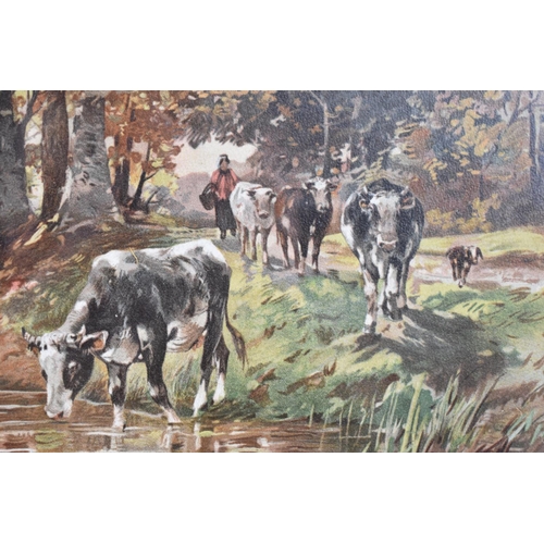 124 - A Gilt Framed Lithograph Depicting Cattle Drinking in River Thames, 48x37cms