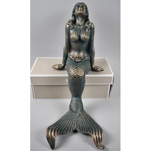 128 - A Modern Cast Metal Green Patinated Study of a Seated Mermaid, 39cms High Plus VAT