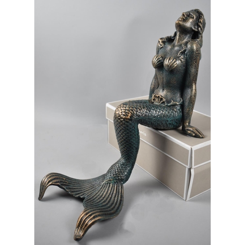 128 - A Modern Cast Metal Green Patinated Study of a Seated Mermaid, 39cms High Plus VAT