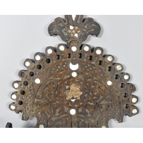 134 - An Indian Mother of Pearl Inlaid Two Tier Wall Hanging Shelf Bracket, Pierced Decoration, 83cms High