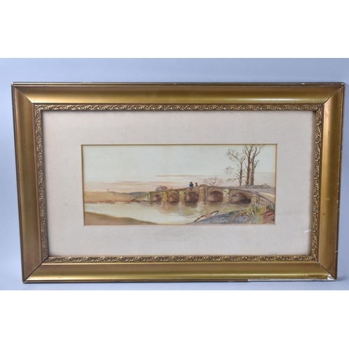 144 - A Gilt Framed 19th Century Watercolour Depicting Bridge with Fisherman, Subject 35x15cms