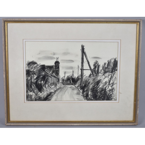 157 - A Framed Charcoal Sketch of Rural Lane by Neil Carrell Born 1958, Welsh Artist, 34x23cms