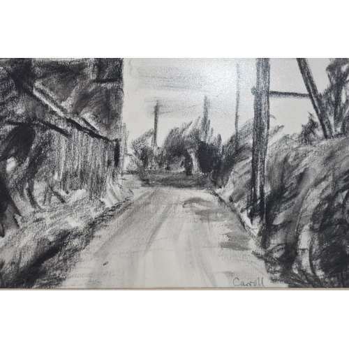 157 - A Framed Charcoal Sketch of Rural Lane by Neil Carrell Born 1958, Welsh Artist, 34x23cms